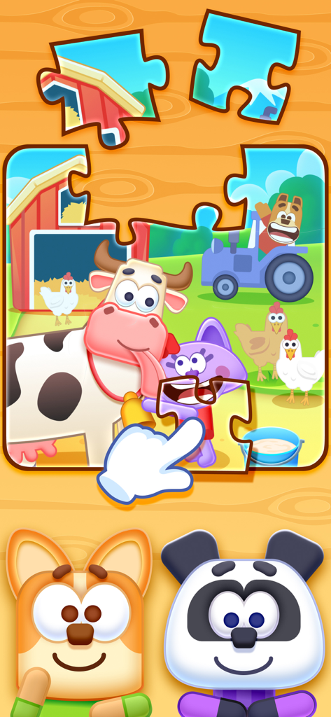 Smart Kids: Learning Games - Children solving a farm animal jigsaw puzzle with a cow and a tractor.