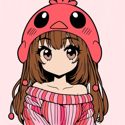 anime girl with chick shaped hat with sweater with bare shoulders with bangs covering them one eye with low tail