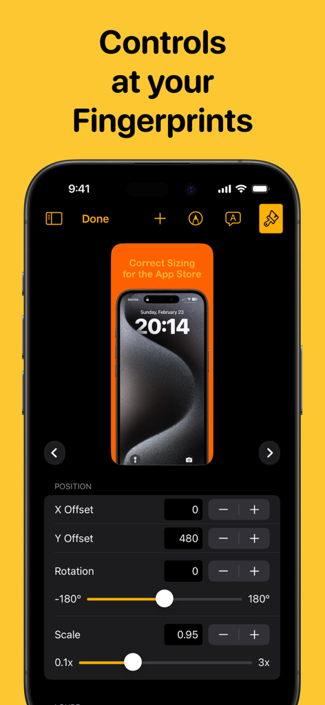 Picasso App Screenshot Studio - Interfaz de Picasso App Screenshot Studio mostrando controles precisos para la posición, rotación y escala de las capturas de pantalla