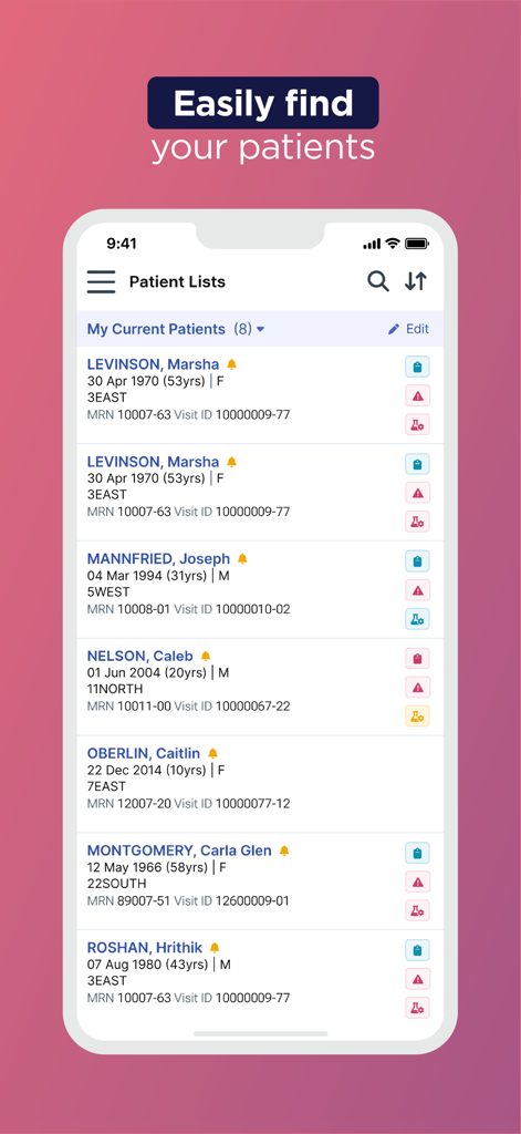 Sunrise Mobile app interface showing a list of hospital patients with clinical details and status icons