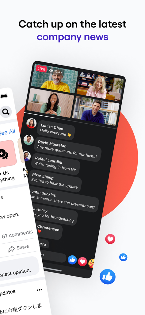 Workplace from Meta - Workplace from Meta app interface displaying a live company news video with real-time employee comments and reactions