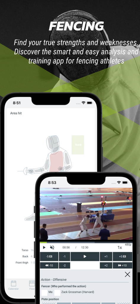 Athlete Analyzerアプリ内でフェンシングの試合ビデオ分析とヒットエリア追跡指標を表示しているスマートフォンの画面。