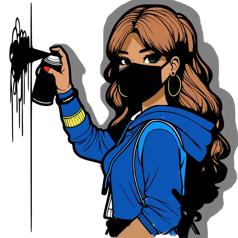 realistic girl with mask spray painting a wall