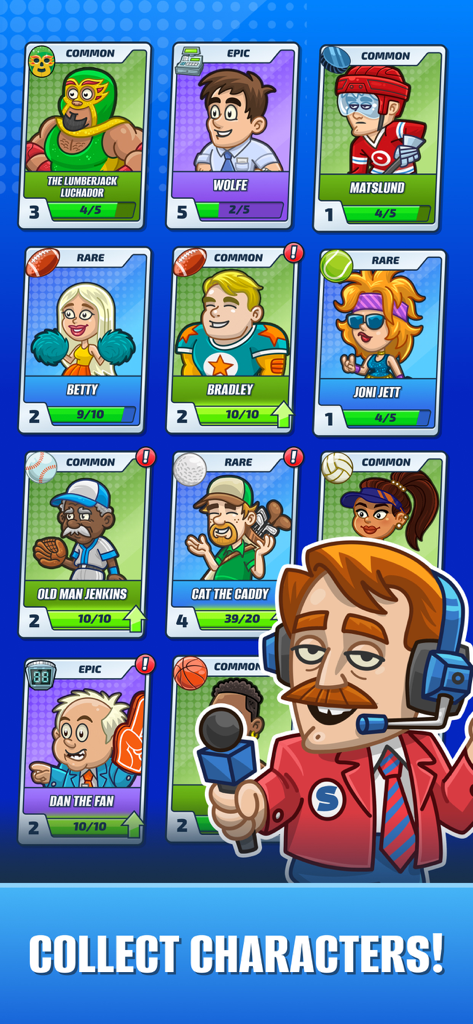 A collection of cartoon character cards with different sports themes and rarity levels in the game