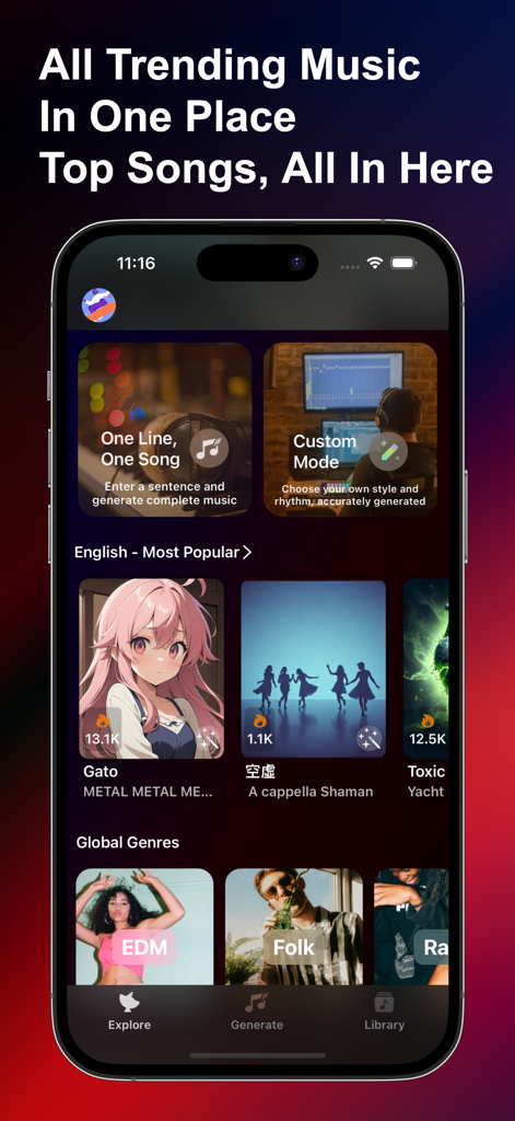 Sonic AI Songs & Music Maker - Pantalla de la aplicación Sonic AI que muestra música de tendencia libre de derechos y opciones de generación de canciones por IA para creadores.