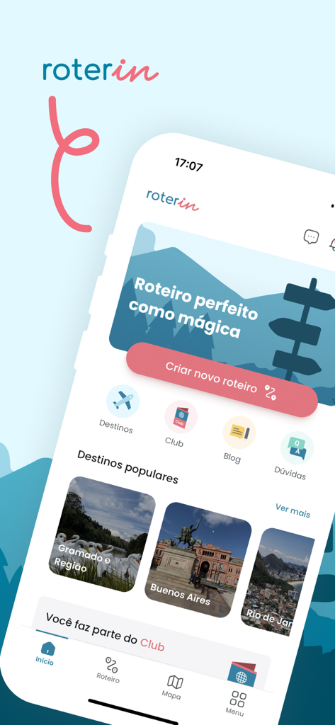 Roterin - Pantalla de inicio de la aplicación móvil Roterin que muestra herramientas de planificación de itinerarios de viaje y destinos populares como Buenos Aires y Río de Janeiro