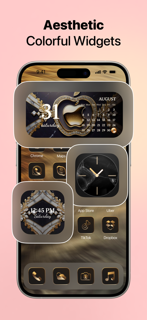 Themio・Fancy Widgets & Themes - iPhone screen displaying a luxury gold and black aesthetic theme with custom widgets and matching app icons