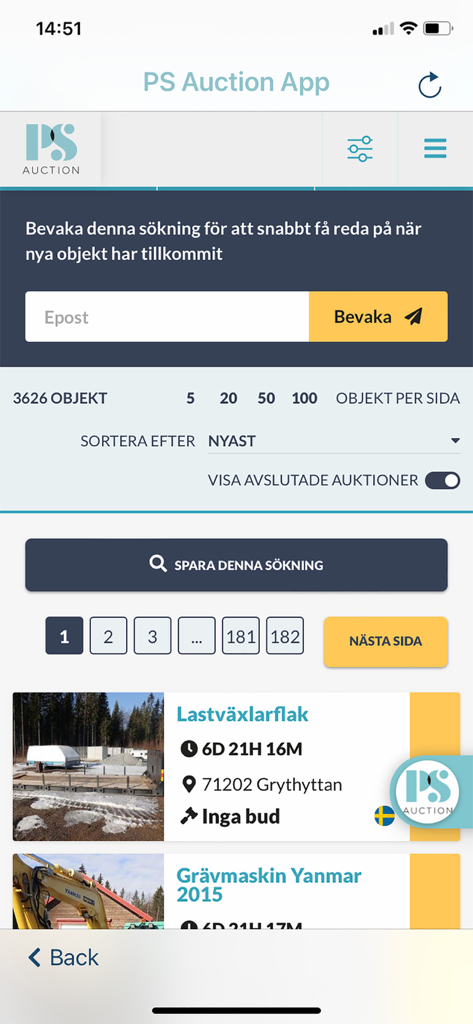PS Auction App - The PS Auction App displaying a list of industrial machinery and commercial equipment for bidding.