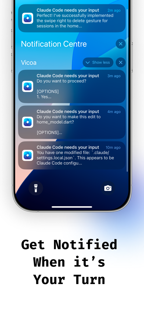 Vibe Code: Codex & Claude AI - iPhone lock screen displaying push notifications from the Vicoa app showing AI agent updates and input requests for Claude Code