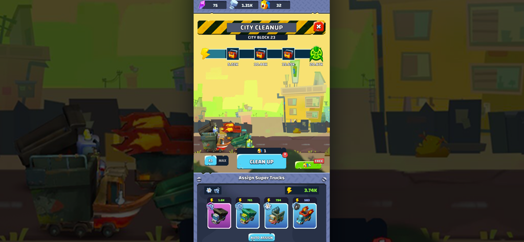 Idle Junkyard Tycoon: Be Rich! - Captura de pantalla del juego del modo de Limpieza de la Ciudad en Idle Junkyard Tycoon que muestra supercamiones y recompensas de progreso de misión