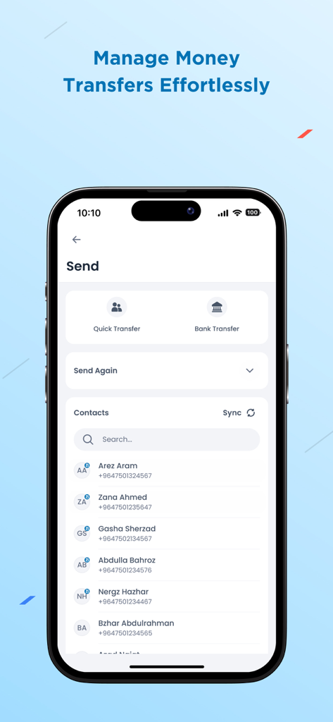 First Iraqi Bank for Business - Interfaz de la aplicación del Primer Banco Iraquí para Empresas que muestra opciones para enviar dinero mediante transferencia rápida o bancaria con una lista de contactos.