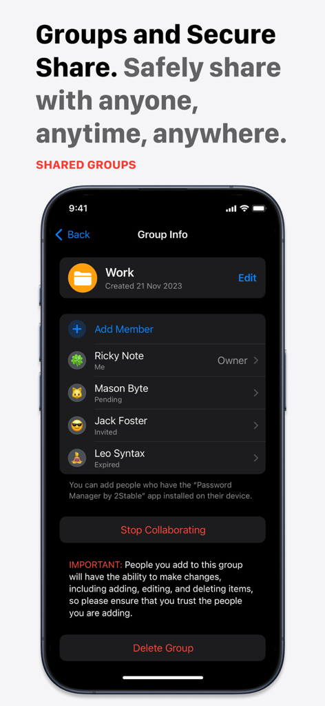Interface of the Password Manager app showing secure group sharing and member management.