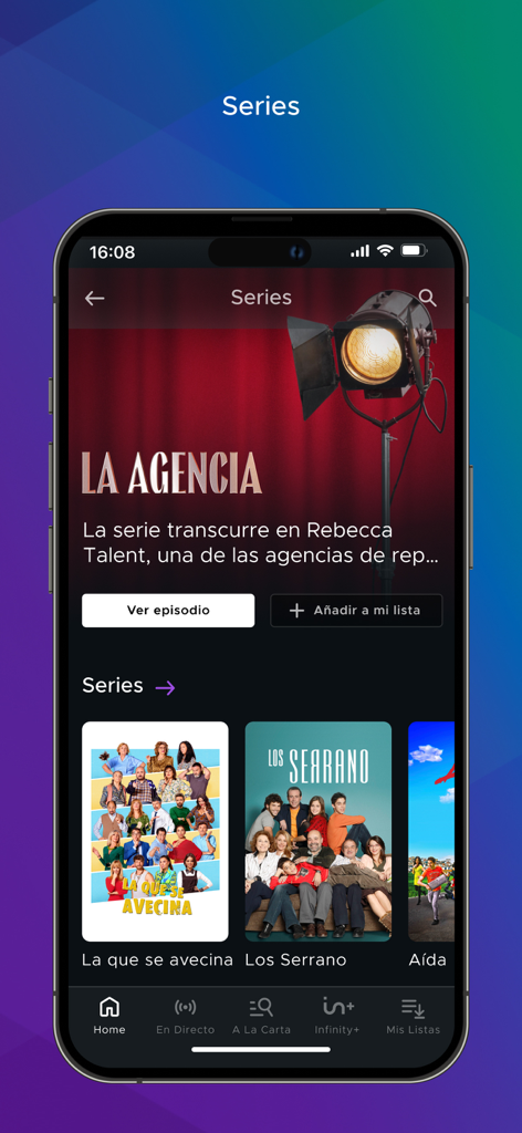 Mediaset Infinity España - Menu de séries da aplicação móvel Mediaset Infinity mostrando programas de TV espanhóis como La Agencia e Los Serrano.