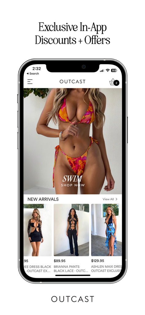 Outcast Clothing mobile app interface showcasing women fashion swimwear and new arrivals