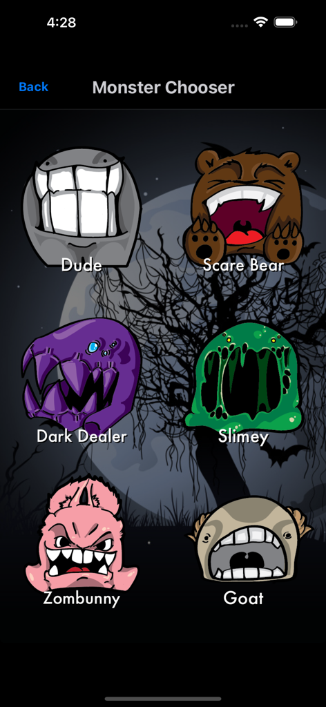 Monsterfy My Voice - Interface do Seletor de Monstros exibindo seis personagens de voz de monstro únicos