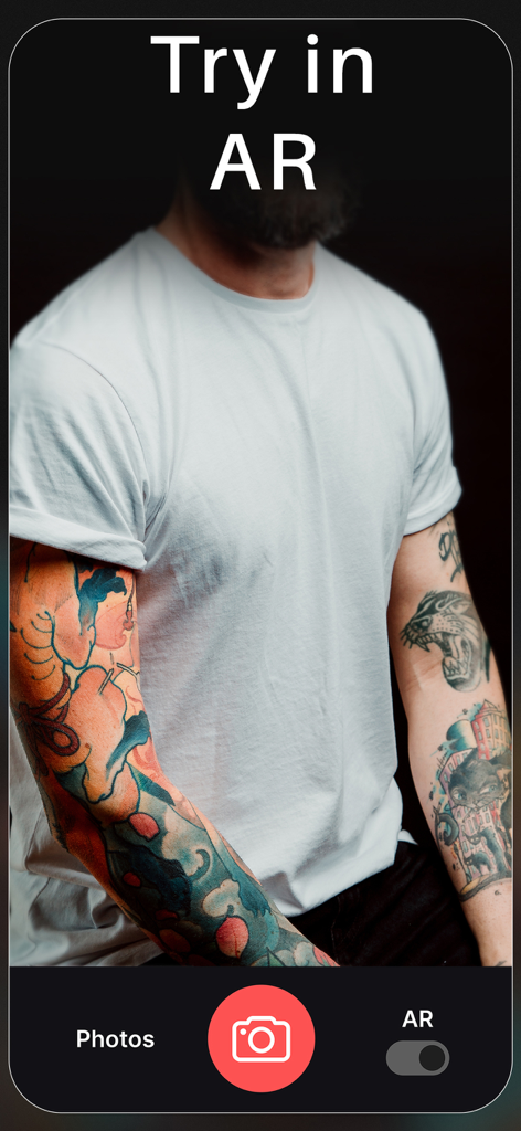 INKHUNTER - AI Tattoo Design - Interfaz de la aplicación InkHunter que muestra una vista previa de tatuaje virtual usando realidad aumentada