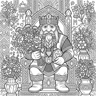 Dive into a unique Mother's Day tribute with this striking coloring page featuring a majestic Dwarf King. Adorned in royal attire, he presents a beautiful bouquet and a heartfelt card, surrounded by intricate dwarven artistry.