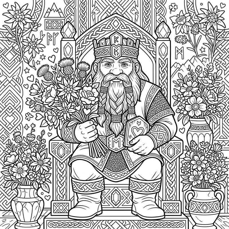 Dive into a unique Mother's Day tribute with this striking coloring page featuring a majestic Dwarf King. Adorned in royal attire, he presents a beautiful bouquet and a heartfelt card, surrounded by intricate dwarven artistry.
