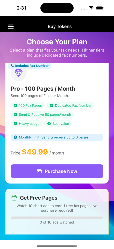 Easy Fax Plus - Pantalla de la aplicación Easy Fax Plus que muestra el plan de suscripción Pro mensual para 100 páginas.