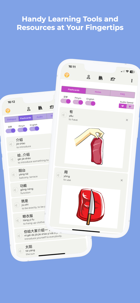 Yoyo Chinese: Learn Chinese - Yoyo Chinese app flashcard interface with Mandarin characters and illustrations for learning vocabulary
