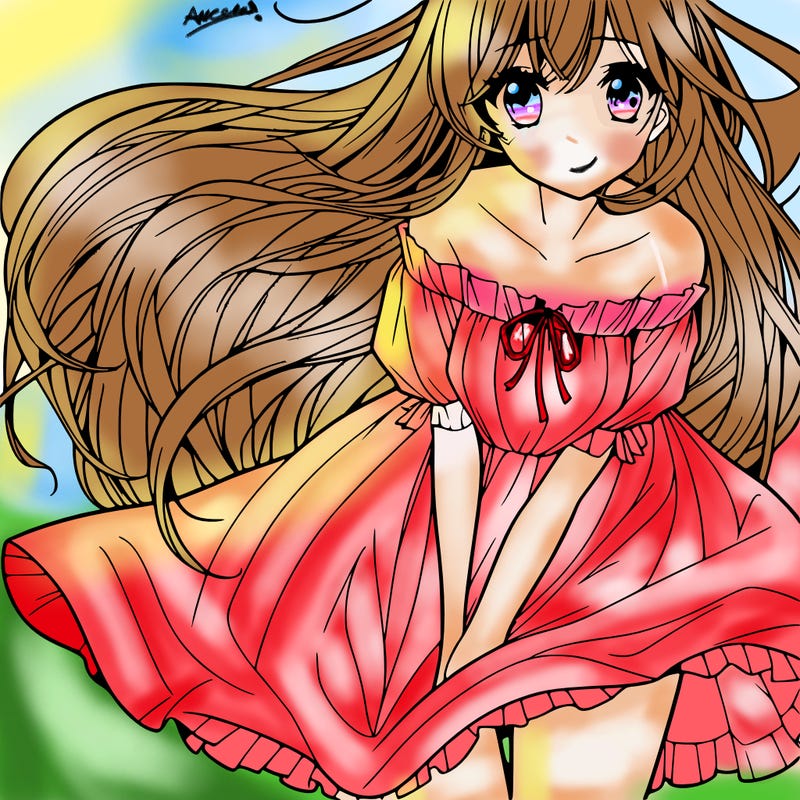 manga girl with long flowing hair and a dress that is pushed down