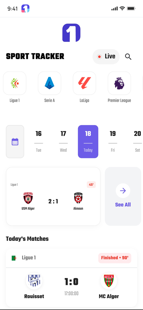 1tik - 1tik app sport tracker interface showing live football scores and match results