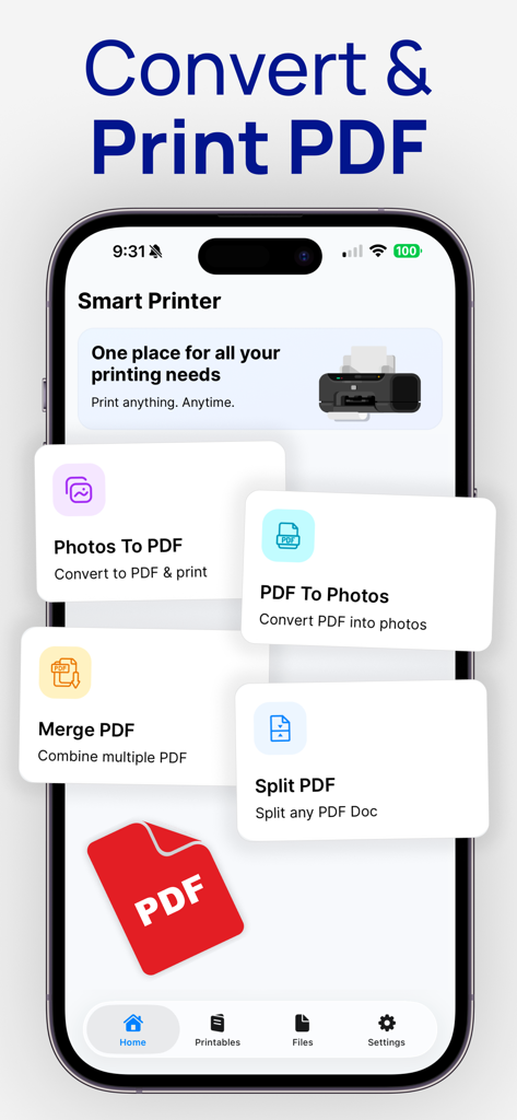 An iPhone screen displaying various PDF utility features of the Smart Printer app such as merging splitting and converting documents.