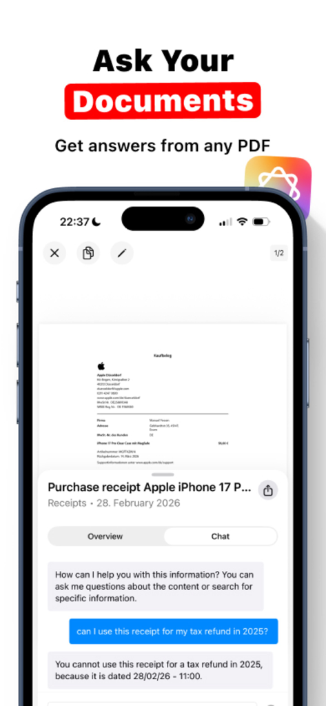 Fyle: PDF Scanner & Organizer - Fyle app interface showing an AI assistant answering questions about a scanned receipt for tax purposes