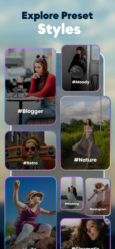 Presets for Lightroom : LRP AI - Una colección de categorías de presets de Lightroom que incluyen estilos Blogger Moody Retro y Naturaleza en la aplicación LRP AI