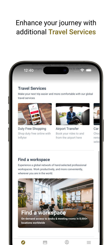 Pantalla de la aplicación Priority Pass que muestra servicios de viaje como traslados al aeropuerto y espacios de trabajo bajo demanda
