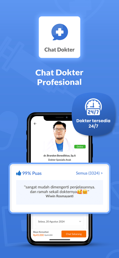 Alodokter: Chat Bersama Dokter - Mobile app interface of Alodokter featuring 24/7 professional doctor chat with reviews in Indonesian
