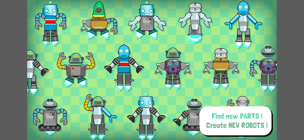 Robo Math Age 6 - 8 - A collection of diverse cartoon robots with a prompt to find new parts and create new robots