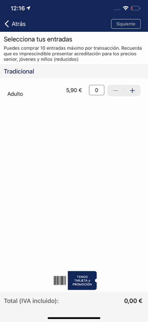 Interface da aplicação móvel para seleção de bilhetes de cinema mostrando tipos de bilhetes e preços em Euros.