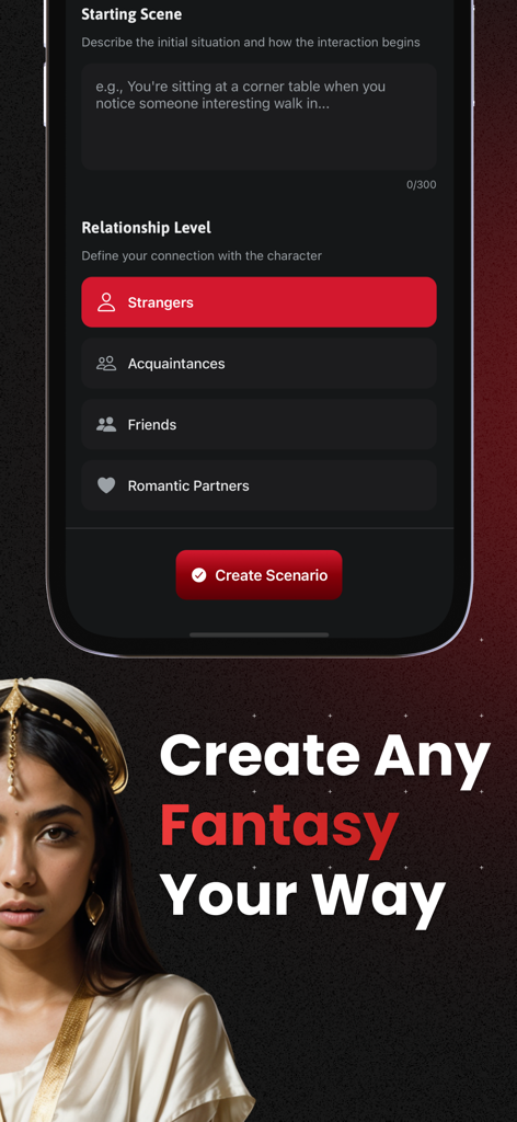 Interface of the Ruby Chat app showing the Create Scenario feature with options to define starting scenes and relationship levels for AI roleplay
