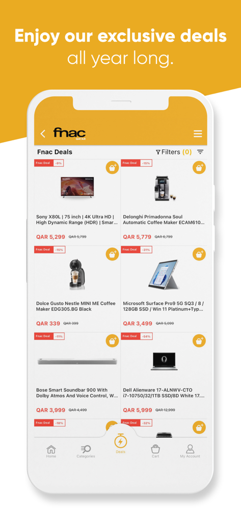 Fnac Qatar - Captura de tela do aplicativo Fnac Qatar mostrando ofertas exclusivas em eletrônicos e eletrodomésticos