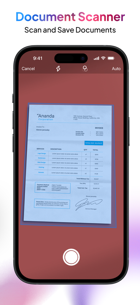 PDF Export - PDF Editor & Scan - Mobile phone screen showcasing the document scanner feature scanning an invoice.