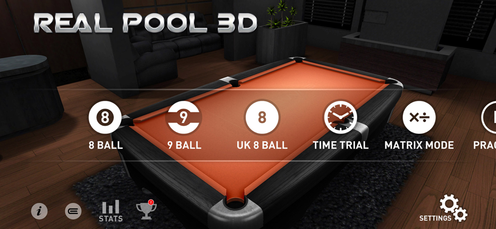 Main menu of Real Pool 3D showing game modes like 8 Ball and 9 Ball on an orange pool table
