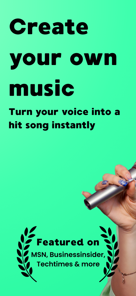AI Song Generator & Maker Pro - AI Song Generator app screen showing a hand holding a microphone with text about creating music and being featured on MSN and Business Insider.