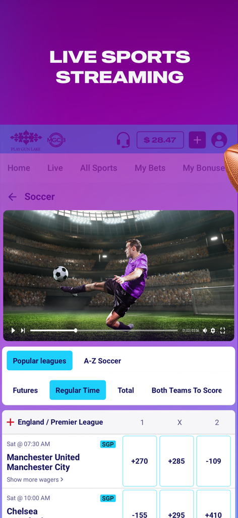 Interface de l'application Play Gun Lake montrant le streaming en direct d'un match de football et les cotes de paris de la Premier League
