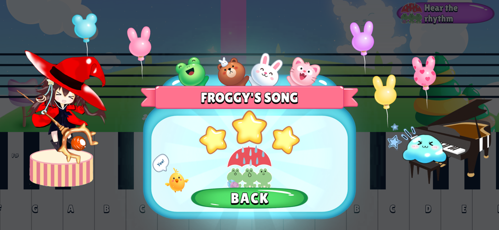 PianoTouch app interface showing three stars achievement for Froggy's Song with cute cartoon characters