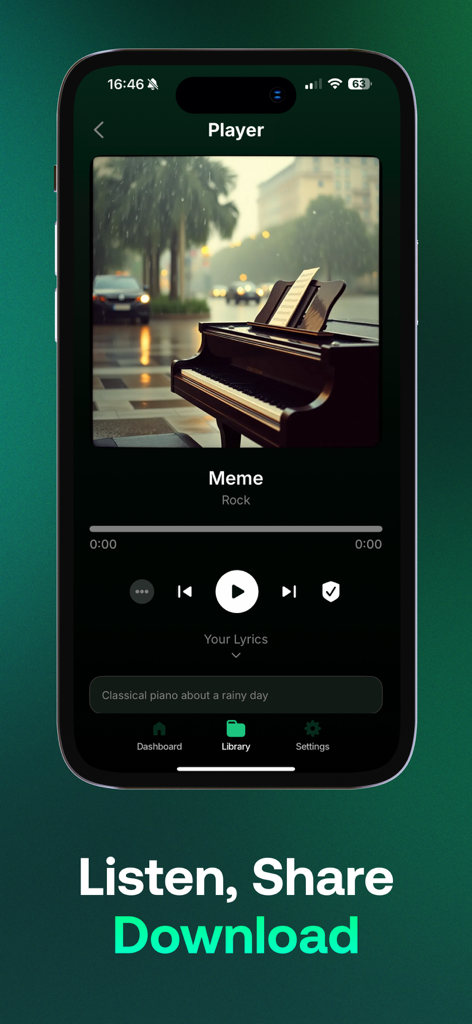 AI Song: AI Music Generator - AI Music Generator App Player-Oberfläche, die Optionen zum Anhören, Teilen und Herunterladen von Songs anzeigt