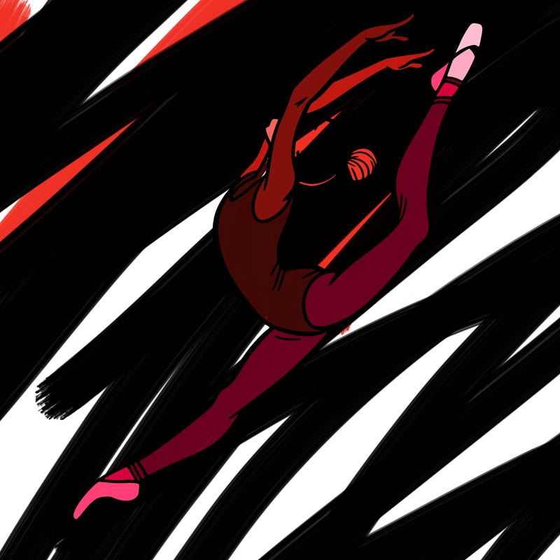 gymnast doing a leap in a leotard with a bent back leg