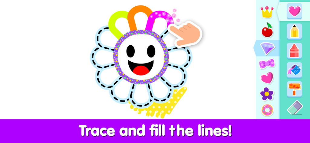 A toddler using a finger to trace and color a happy flower in a drawing app.