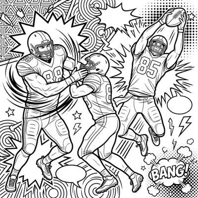 Dive into the exciting world of football with this dynamic Pop Art coloring page featuring tight ends in action. Designed for teens, it combines athletic intensity with a cool, comic-book aesthetic.