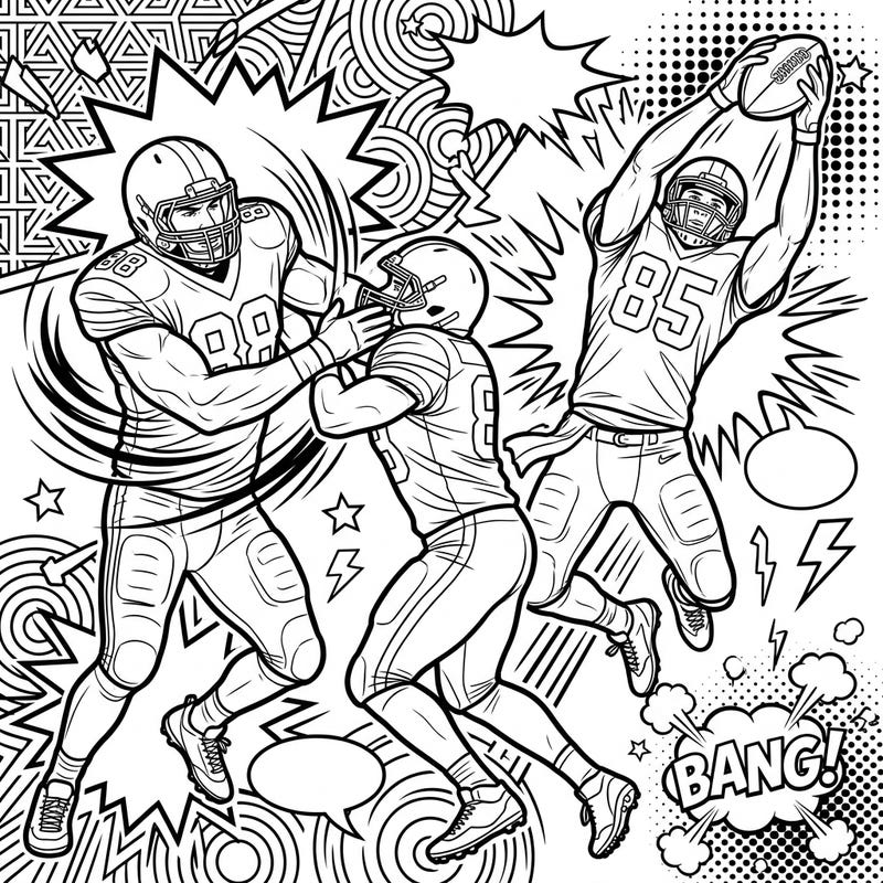 Dive into the exciting world of football with this dynamic Pop Art coloring page featuring tight ends in action. Designed for teens, it combines athletic intensity with a cool, comic-book aesthetic.