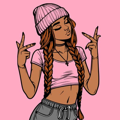 realistic teenage girl with braids and a beanie and crop top doing 🫶🏼