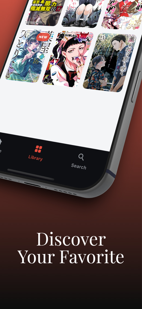 Atsumaru Reader mobile app library interface showing various manga covers and discover text