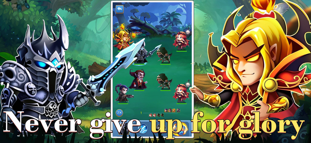 Tactical battle scene in Tempest Bastion mobile RPG featuring chibi fantasy heroes and the slogan Never give up for glory