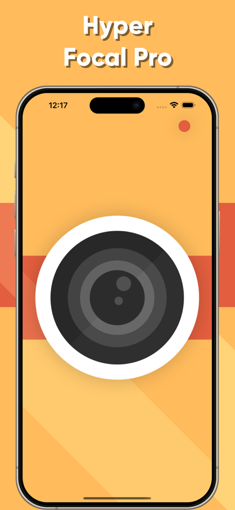 iPhoneモックアップにカメラレンズのグラフィックが表示されたHyperFocal Proアプリの起動画面