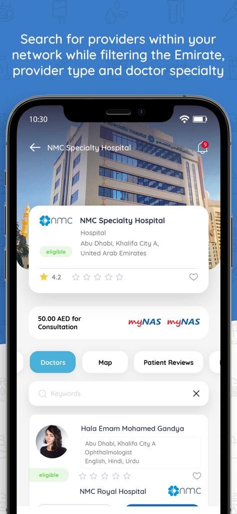 myNAS App - Schermata dell'app mobile che mostra i risultati della ricerca di ospedali e medici con lo stato di idoneità e le tariffe di consultazione